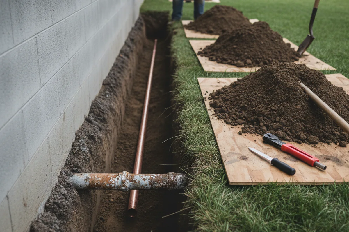 Excavated water line trench during Water Softener Installation in Easthampton
